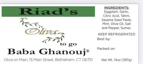 Label for Riad’s Oliva to go Baba Ghanouj, 14 oz.