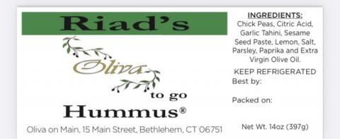 Label for Riad’s Oliva to go Hummus, 14 oz.