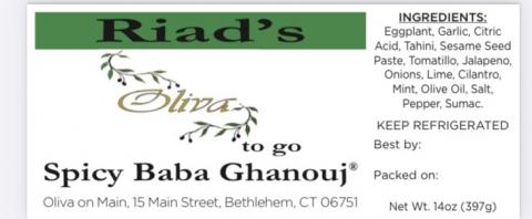 Label for Riad’s Oliva to go Spicy Baba Ghanouj, 14 oz.