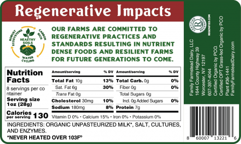 Back package label, Family Farmstead Dairy Raw Mild Cheddar Cheese