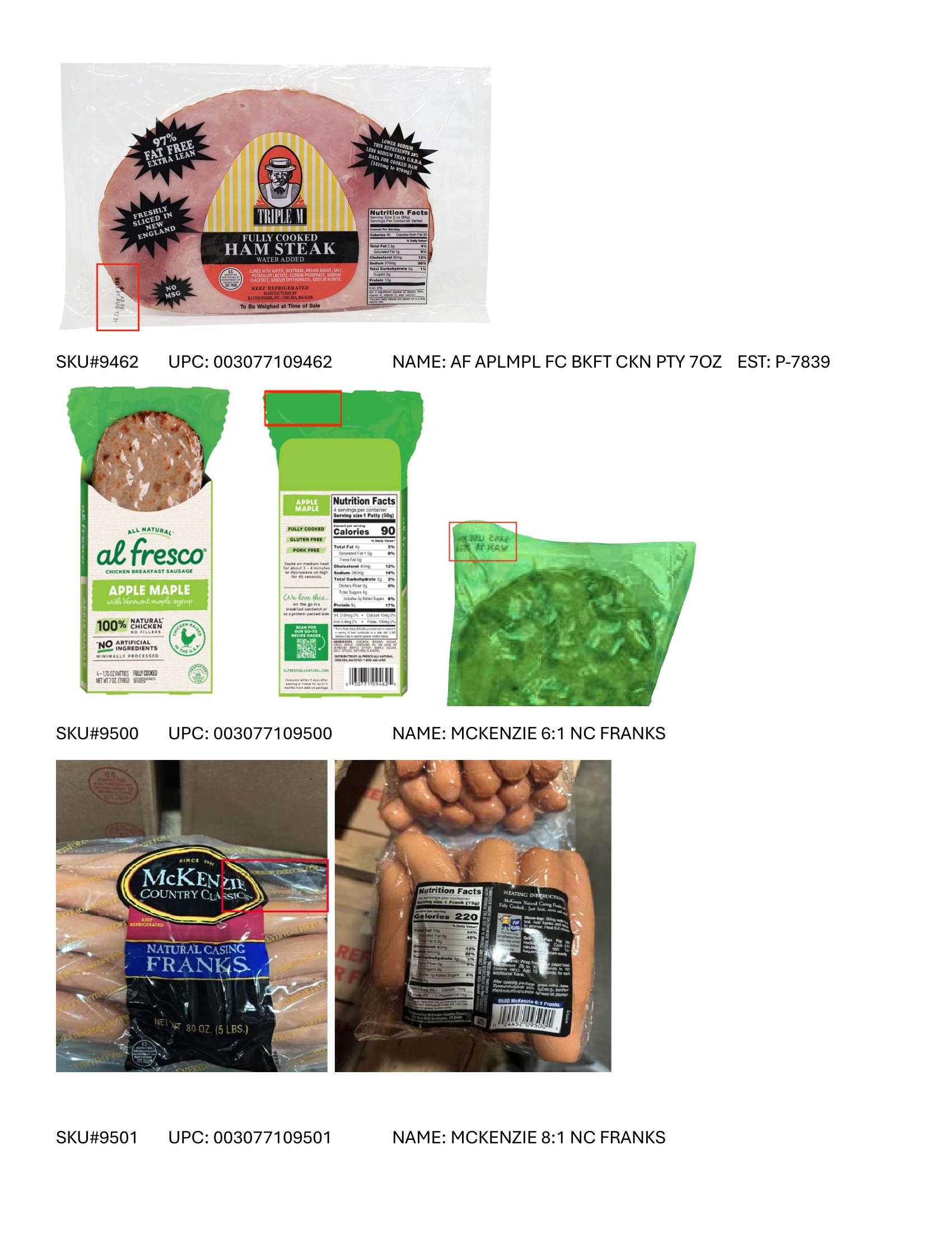 Product label for Full product list available in PDF format - Various RTE meat and poultry products bearing “EST. M/P 7839,” “EST. P 20935A” and “EST. M 9520” inside the USDA mark of inspection. (page 15)