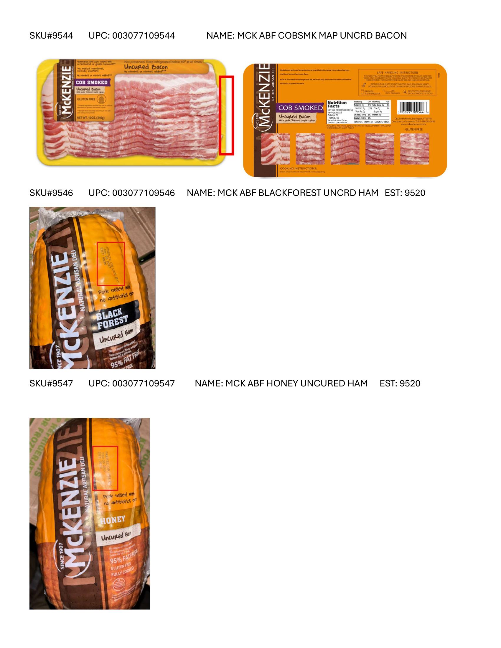 Product label for Full product list available in PDF format - Various RTE meat and poultry products bearing “EST. M/P 7839,” “EST. P 20935A” and “EST. M 9520” inside the USDA mark of inspection. (page 17)