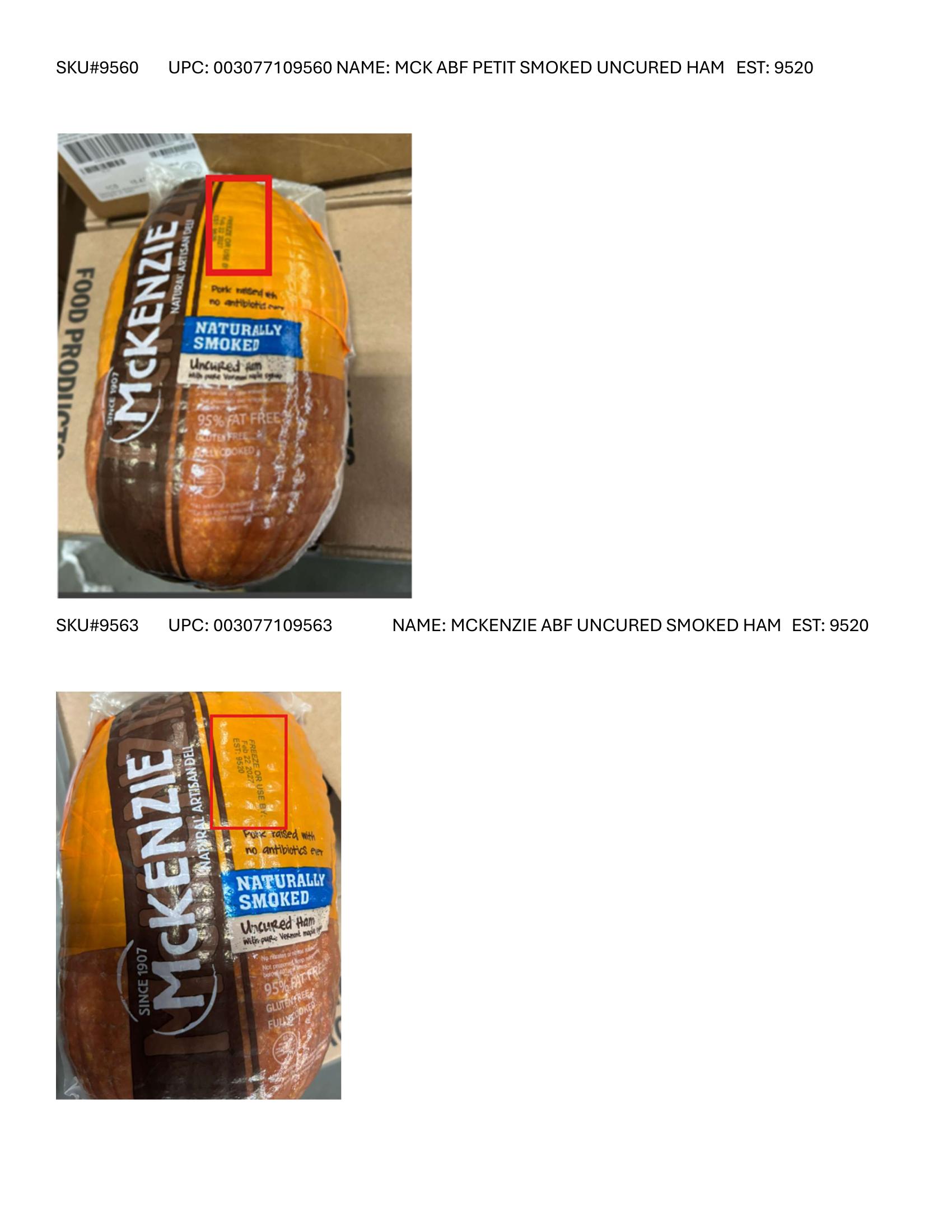 Product label for Full product list available in PDF format - Various RTE meat and poultry products bearing “EST. M/P 7839,” “EST. P 20935A” and “EST. M 9520” inside the USDA mark of inspection. (page 19)