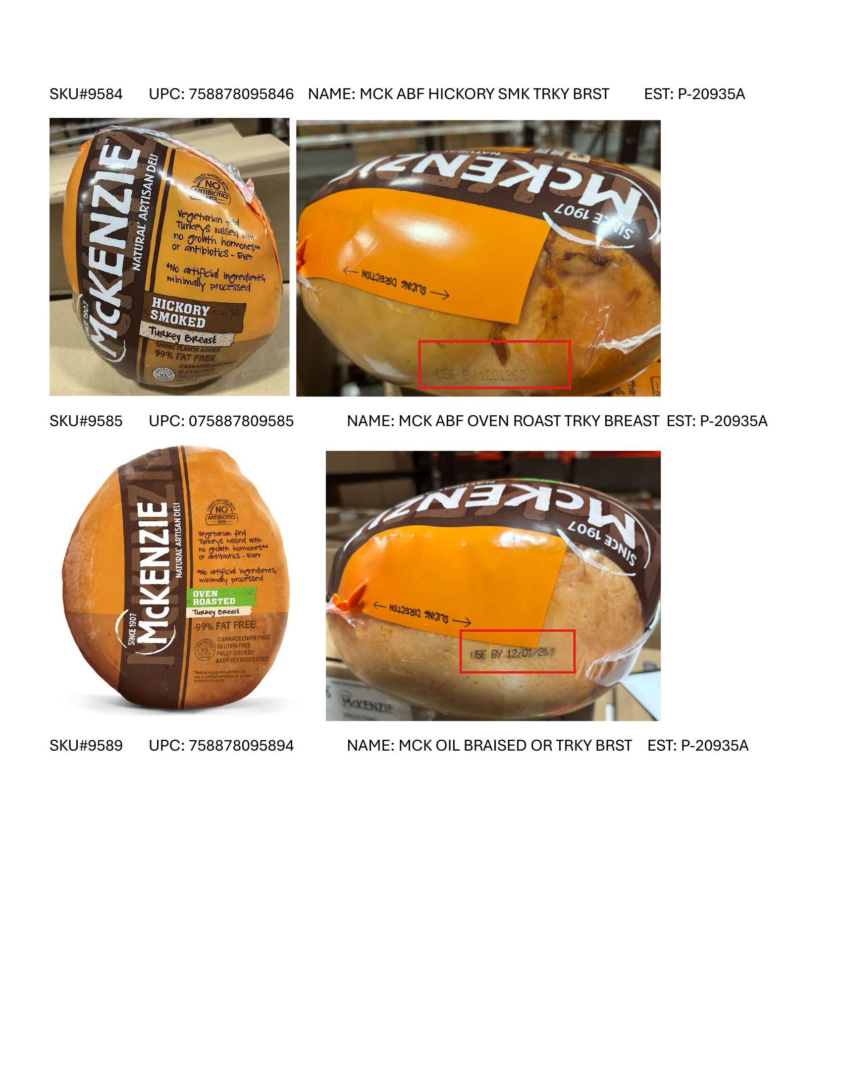 Product label for Full product list available in PDF format - Various RTE meat and poultry products bearing “EST. M/P 7839,” “EST. P 20935A” and “EST. M 9520” inside the USDA mark of inspection. (page 20)