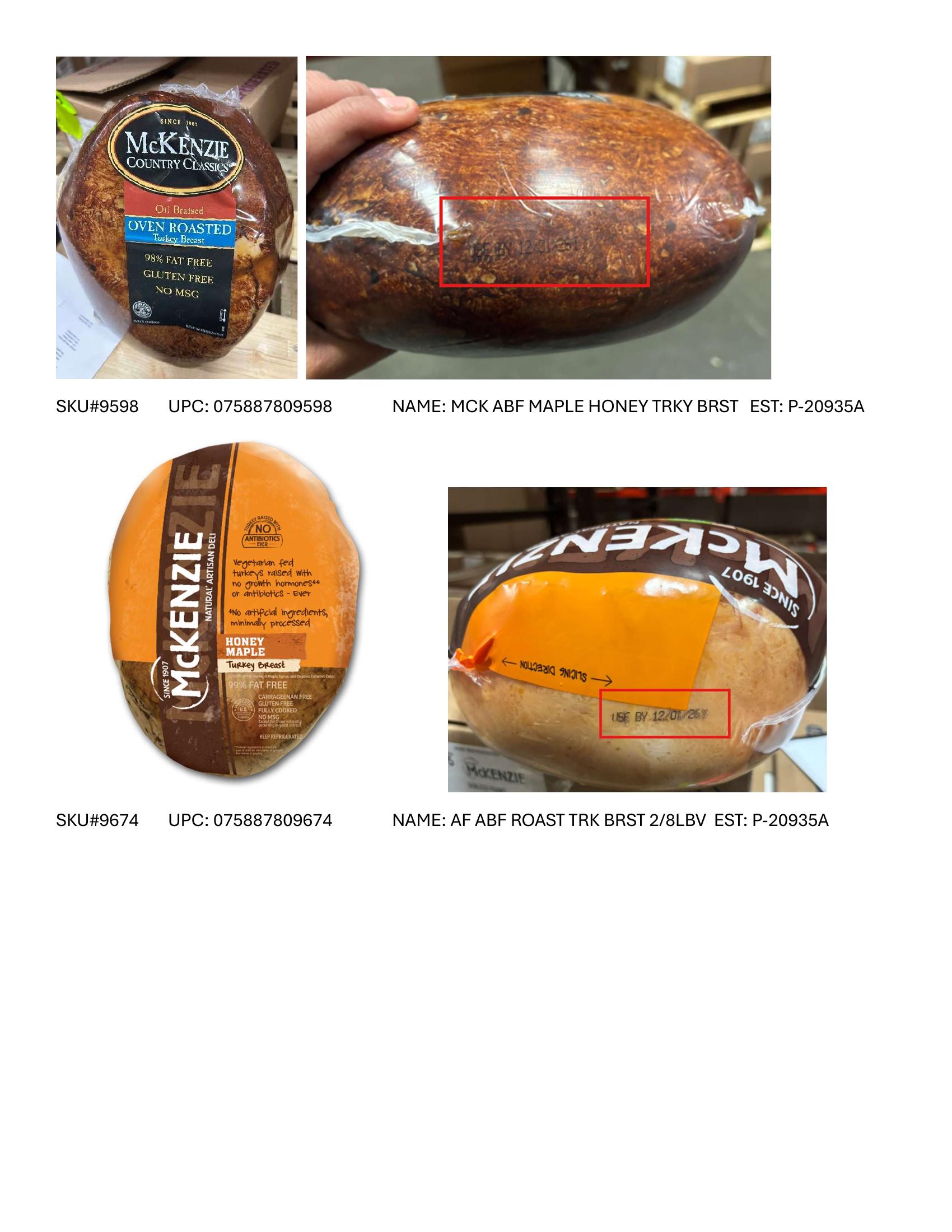 Product label for Full product list available in PDF format - Various RTE meat and poultry products bearing “EST. M/P 7839,” “EST. P 20935A” and “EST. M 9520” inside the USDA mark of inspection. (page 21)