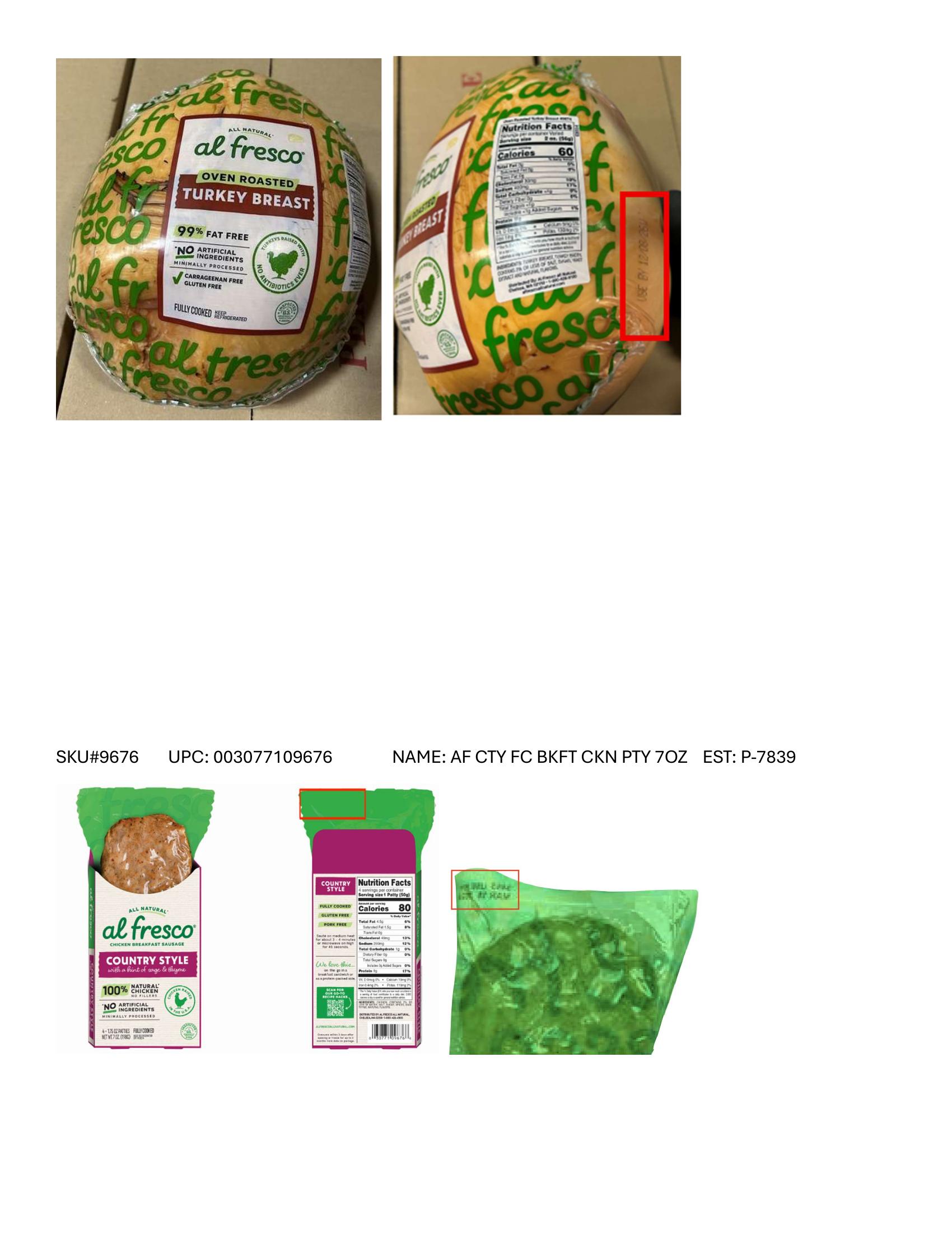 Product label for Full product list available in PDF format - Various RTE meat and poultry products bearing “EST. M/P 7839,” “EST. P 20935A” and “EST. M 9520” inside the USDA mark of inspection. (page 22)