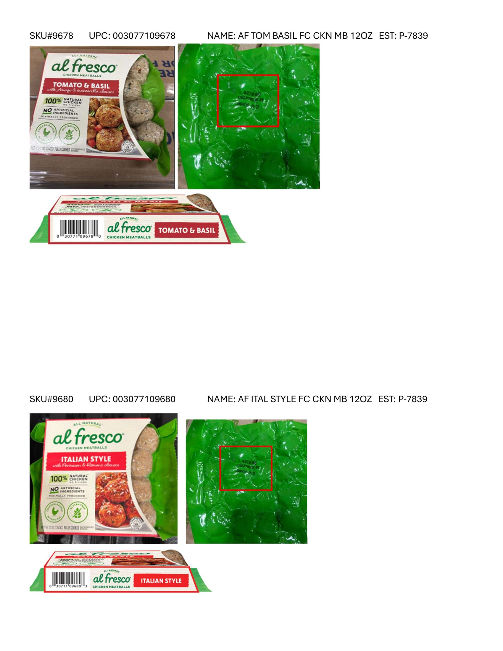 Product label for Full product list available in PDF format - Various RTE meat and poultry products bearing “EST. M/P 7839,” “EST. P 20935A” and “EST. M 9520” inside the USDA mark of inspection. (page 23)