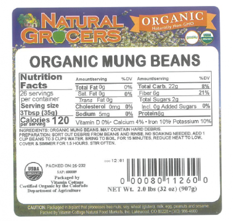 Label, Natural Grocers Mung Beans 2 lbs