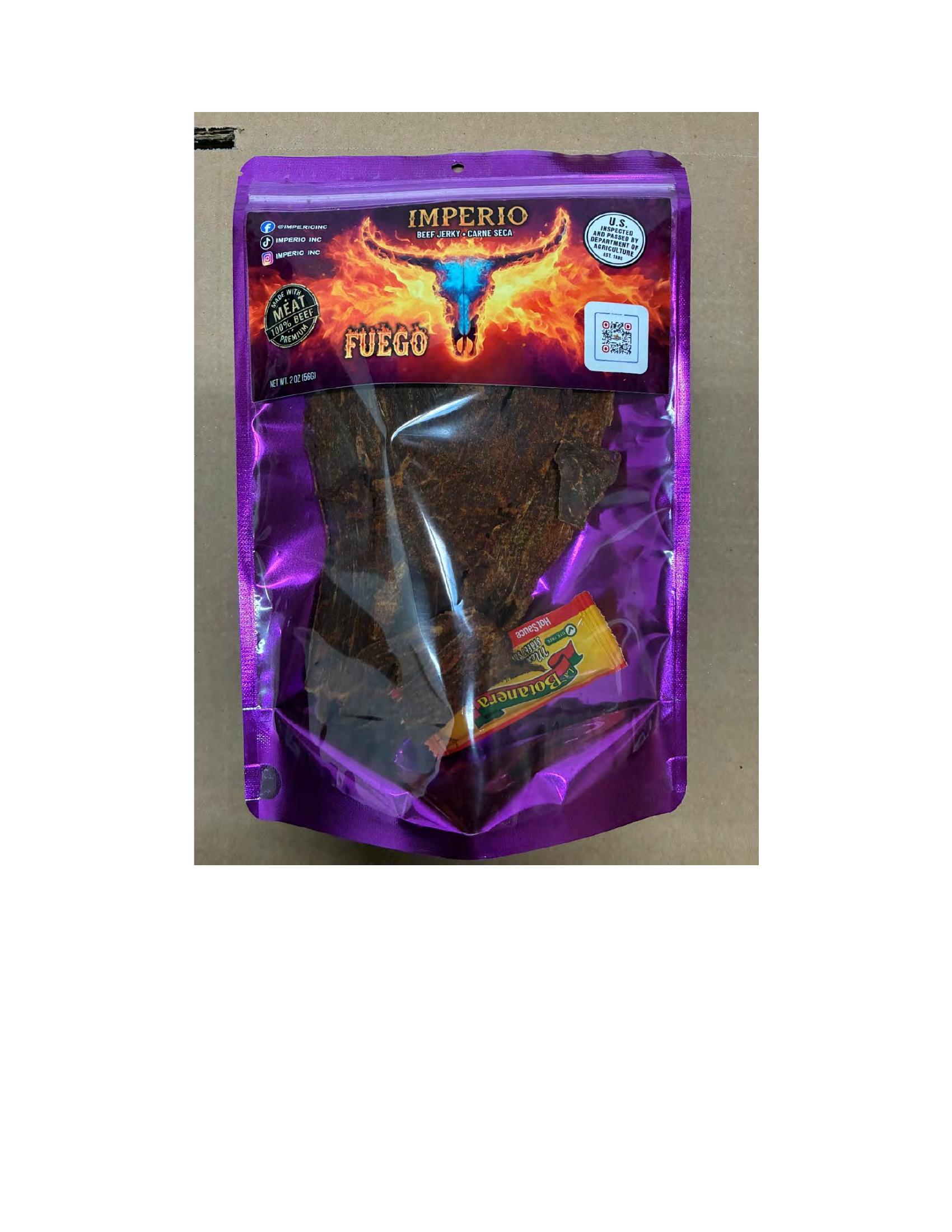 Product label for 2 oz. sealed bag of "IMPERIO FUEGO BEEF JERKY (CARNE SECA)."; 2 oz. sealed bag of "IMPERIO ORIGINAL BEEF JERKY (CARNE SECA)."; 2 oz. sealed bag of "IMPERIO LIMÓN BEEF JERKY (CARNE SECA)." (page 1)