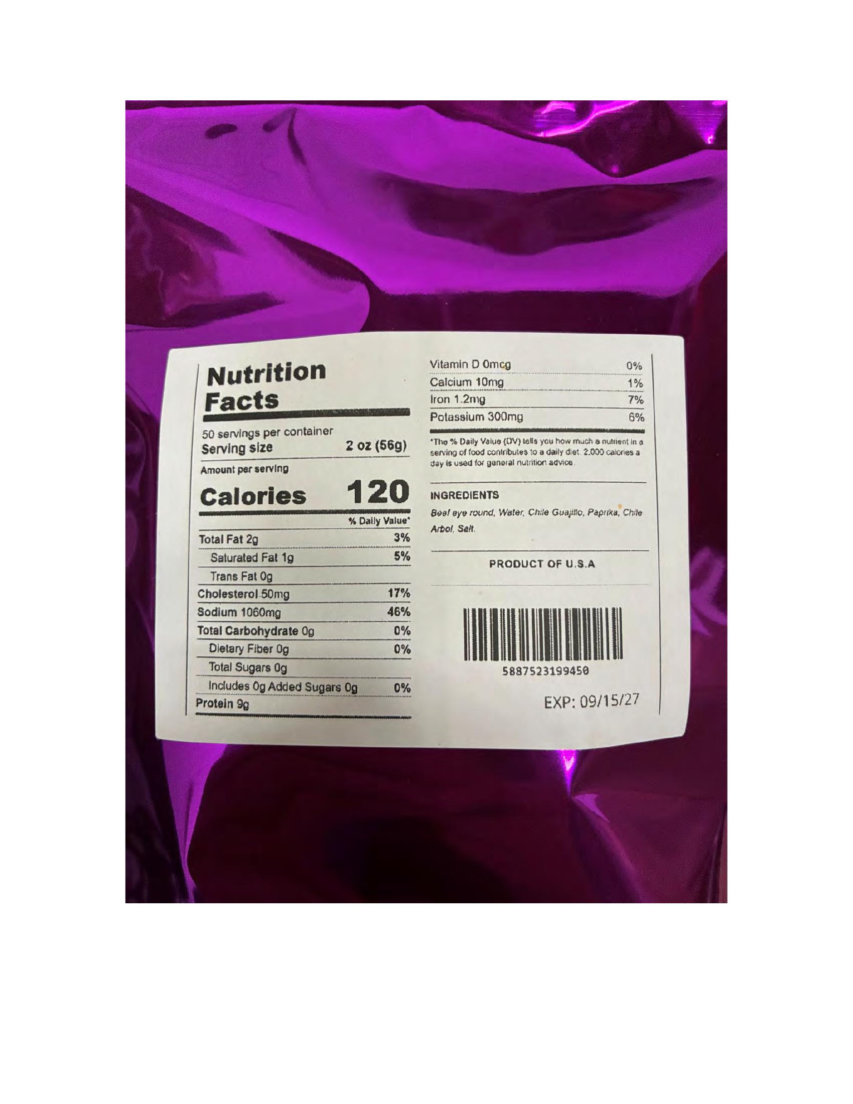 Product label for 2 oz. sealed bag of "IMPERIO FUEGO BEEF JERKY (CARNE SECA)."; 2 oz. sealed bag of "IMPERIO ORIGINAL BEEF JERKY (CARNE SECA)."; 2 oz. sealed bag of "IMPERIO LIMÓN BEEF JERKY (CARNE SECA)." (page 2)