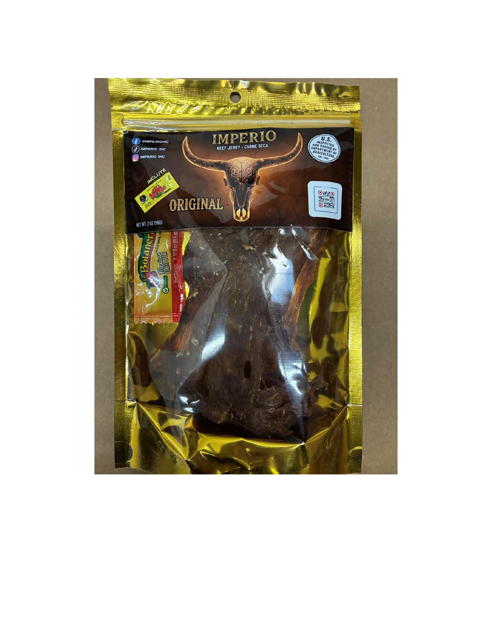 Product label for 2 oz. sealed bag of "IMPERIO FUEGO BEEF JERKY (CARNE SECA)."; 2 oz. sealed bag of "IMPERIO ORIGINAL BEEF JERKY (CARNE SECA)."; 2 oz. sealed bag of "IMPERIO LIMÓN BEEF JERKY (CARNE SECA)." (page 3)