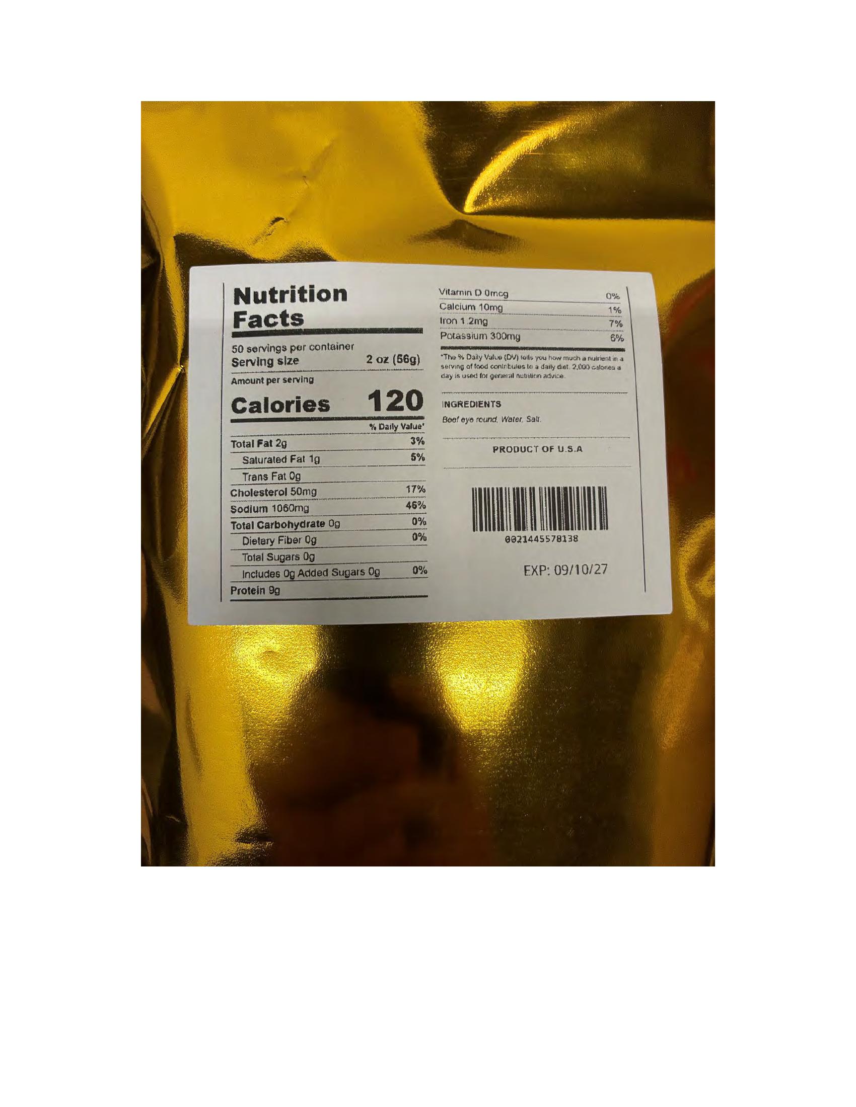 Product label for 2 oz. sealed bag of "IMPERIO FUEGO BEEF JERKY (CARNE SECA)."; 2 oz. sealed bag of "IMPERIO ORIGINAL BEEF JERKY (CARNE SECA)."; 2 oz. sealed bag of "IMPERIO LIMÓN BEEF JERKY (CARNE SECA)." (page 4)