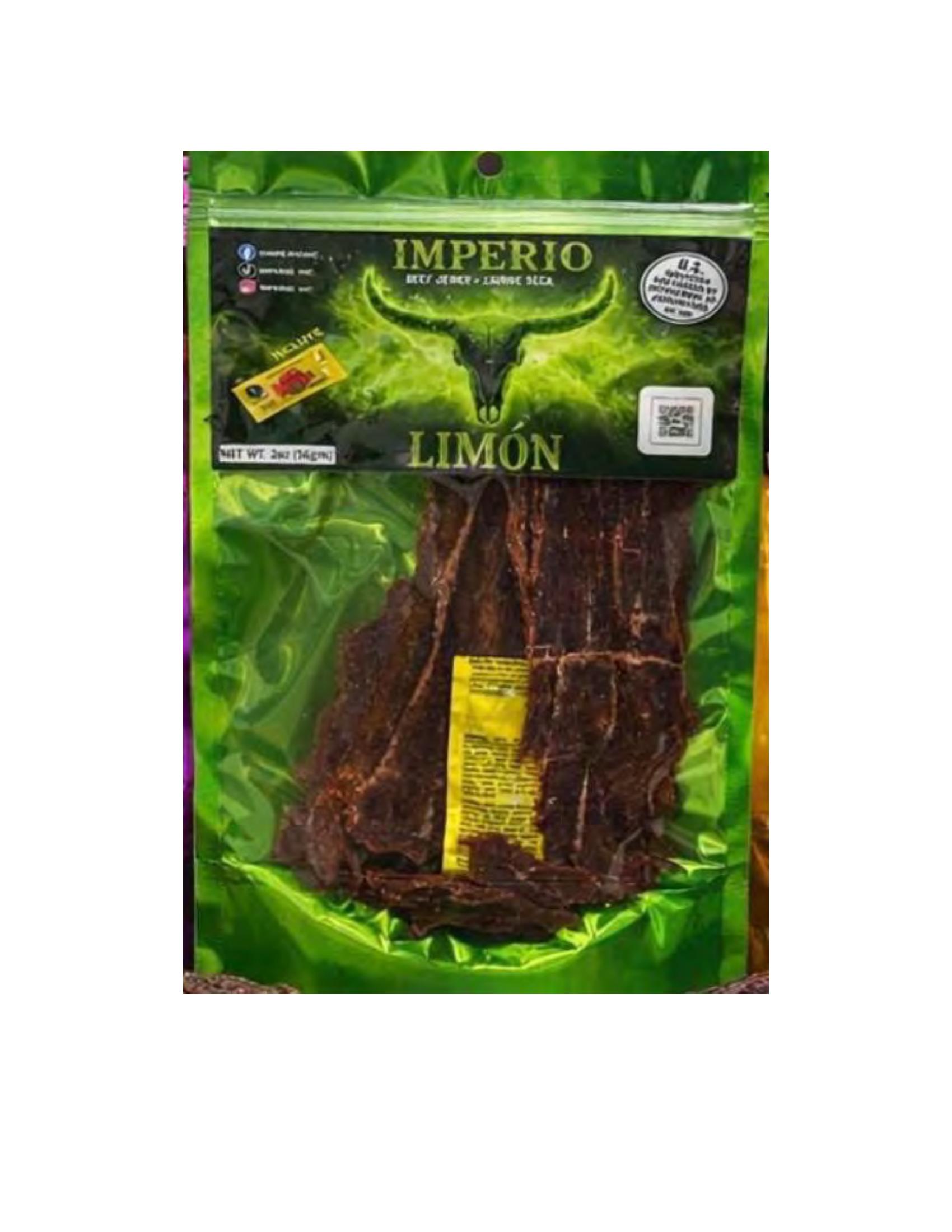 Product label for 2 oz. sealed bag of "IMPERIO FUEGO BEEF JERKY (CARNE SECA)."; 2 oz. sealed bag of "IMPERIO ORIGINAL BEEF JERKY (CARNE SECA)."; 2 oz. sealed bag of "IMPERIO LIMÓN BEEF JERKY (CARNE SECA)." (page 5)