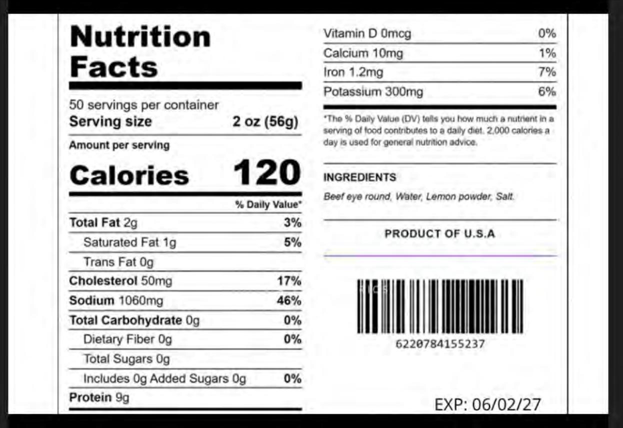 Product label for 2 oz. sealed bag of "IMPERIO FUEGO BEEF JERKY (CARNE SECA)."; 2 oz. sealed bag of "IMPERIO ORIGINAL BEEF JERKY (CARNE SECA)."; 2 oz. sealed bag of "IMPERIO LIMÓN BEEF JERKY (CARNE SECA)." (page 6)