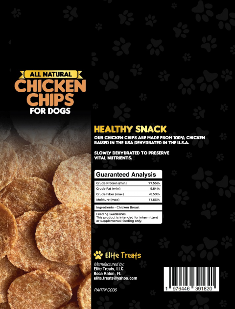 Back label panel for Elite Treats All Natural Chicken Chips for Dogs, 6 oz.